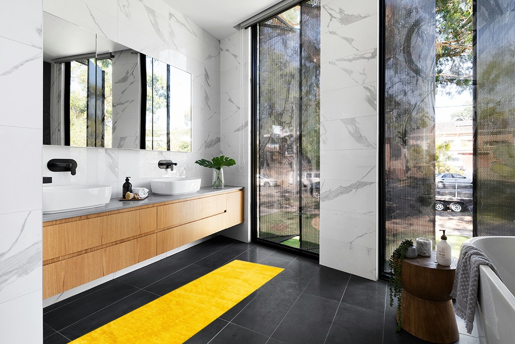 Rug ideas in Modern Black Tiled bathroom