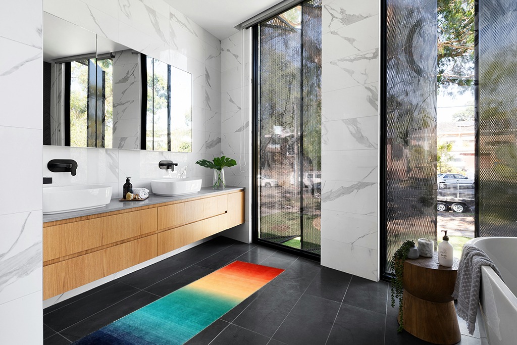 Small bathroom rug ideas in Modern Black Tiled bathroom
