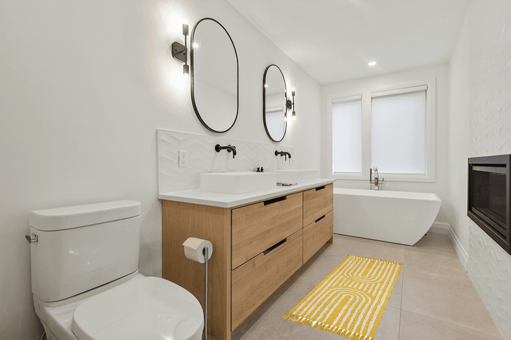 Bathroom rug ideas gold in Scandinavian Neutral bathroom