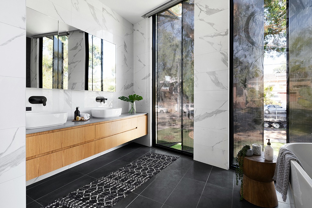 Boho rug ideas in Modern Black Tiled bathroom