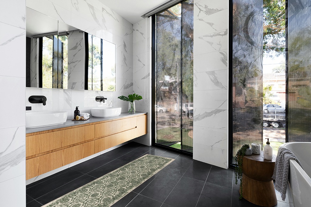 Bathroom rug ideas green all runners in Modern Black Tiled bathroom