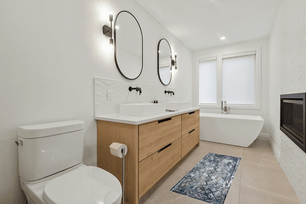 Rug ideas in Scandinavian Neutral bathroom