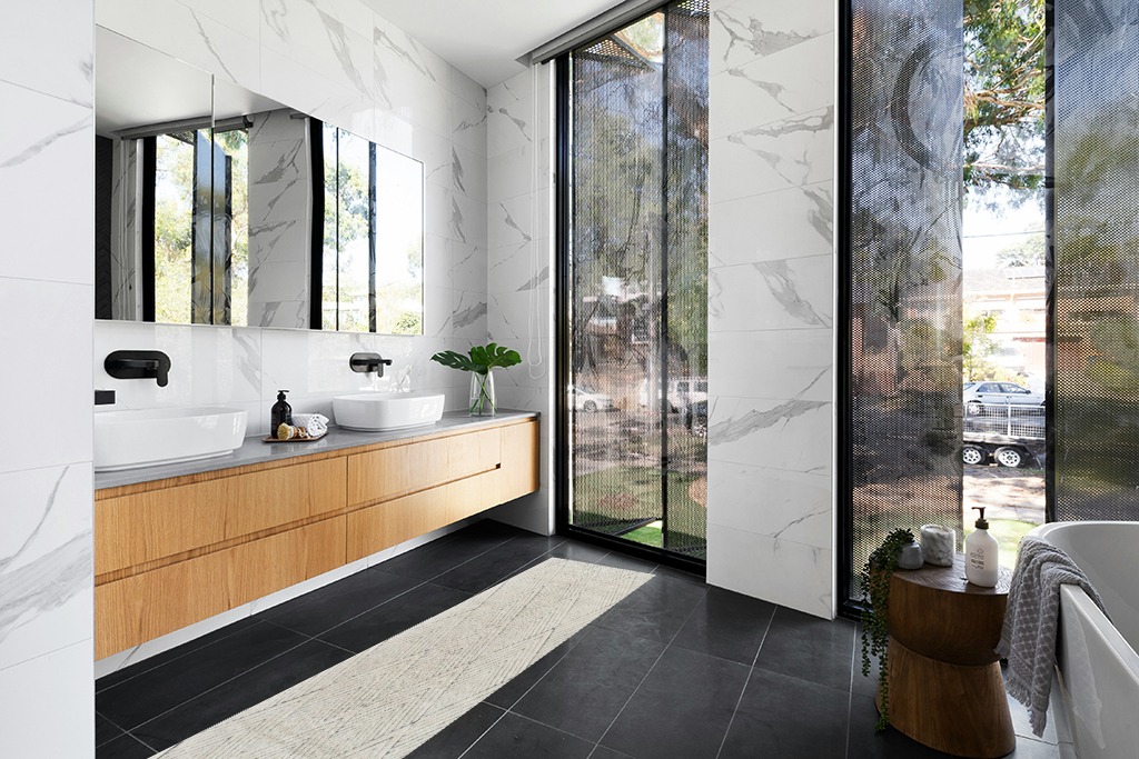 Rug ideas in Modern Black Tiled bathroom