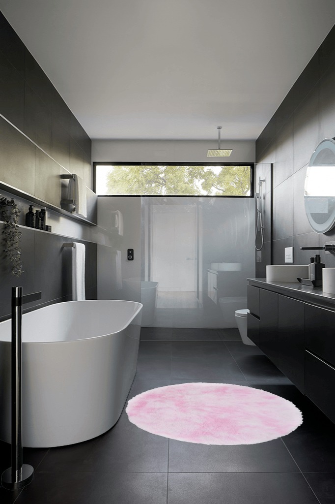 JOINPAYA 4x4 Round/Square and All Rounds/Square, Pink Rug in Modern Black Tiled bathroom