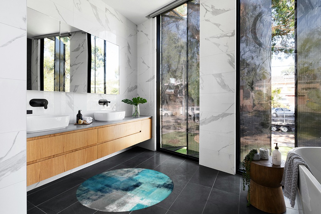 Bathroom rug ideas teal 4x4 roundsquare in Modern Black Tiled bathroom