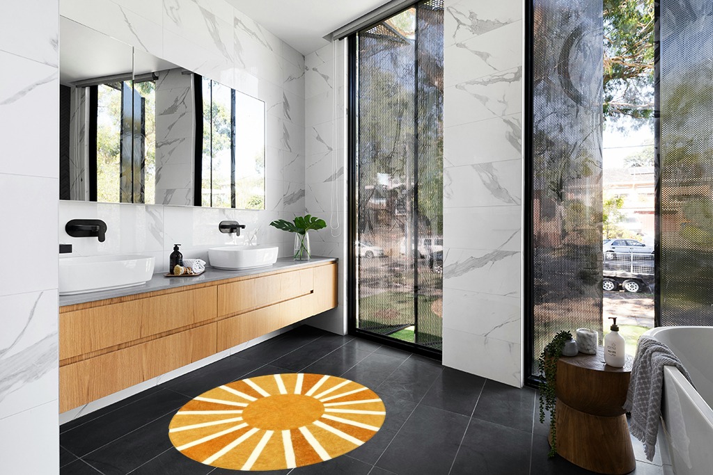 Bathroom rug ideas yellow 4x4 roundsquare in Modern Black Tiled bathroom