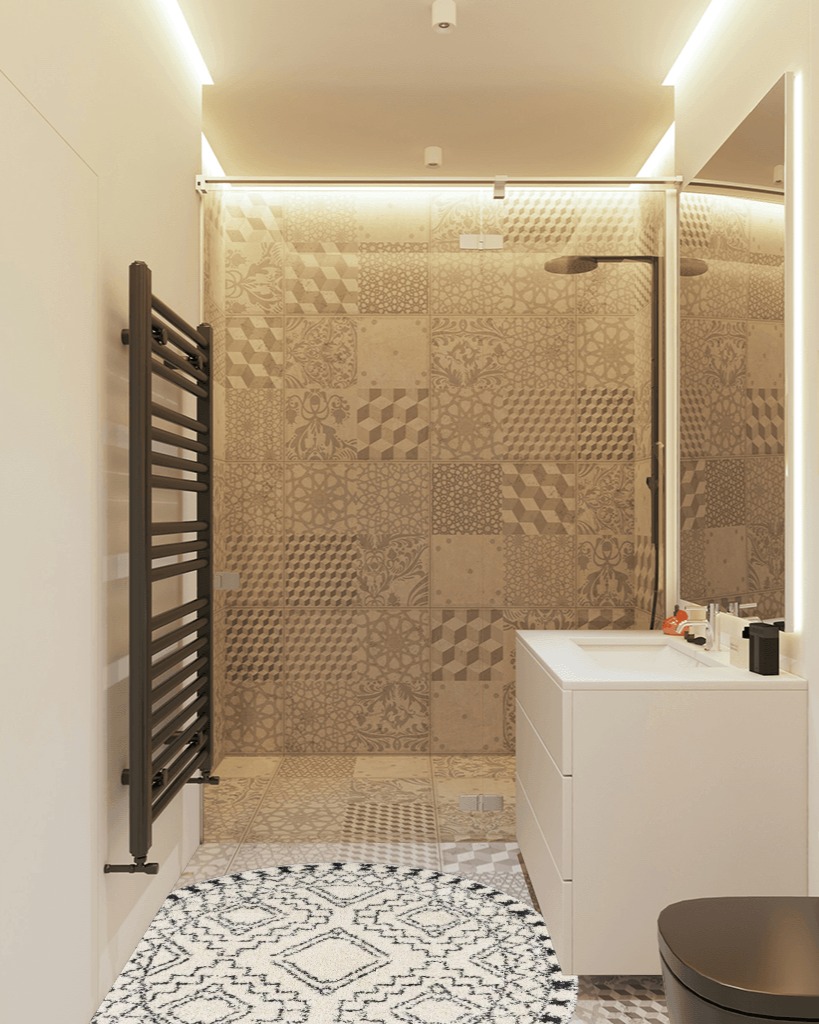 Bathroom rug ideas beige 4x4 roundsquare in White Tiled Bathroom