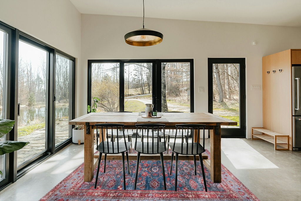 Dining table rug ideas in Scandinavian Dining Room with Rectangular Table