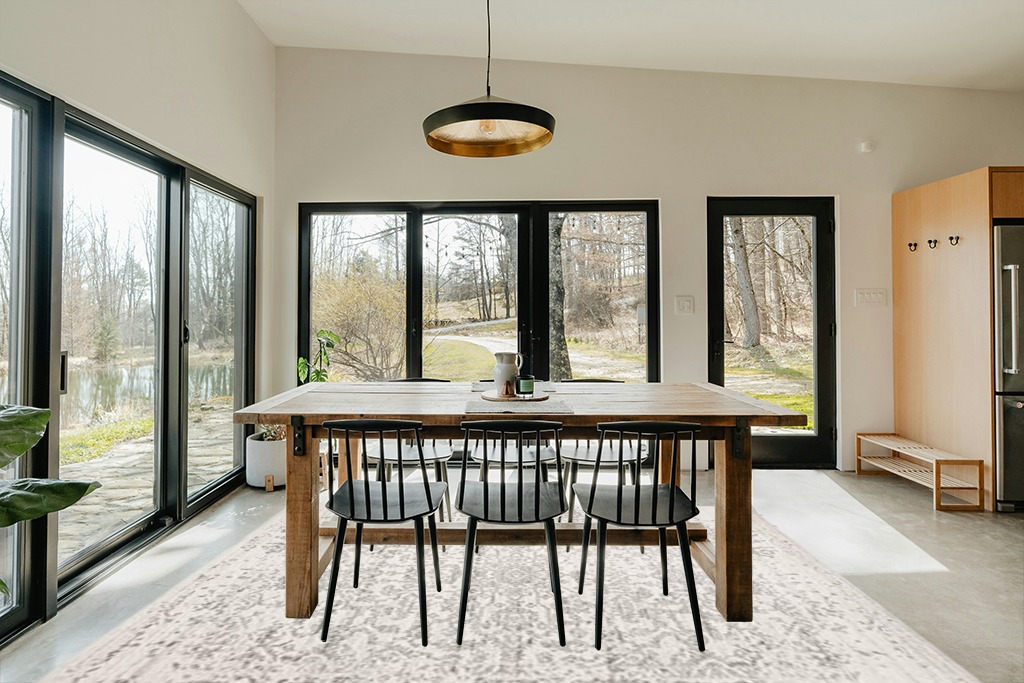 Dining table rug ideas in Scandinavian Dining Room with Rectangular Table