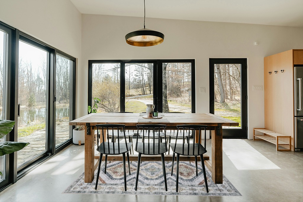 Dining table rug ideas in Scandinavian Dining Room with Rectangular Table