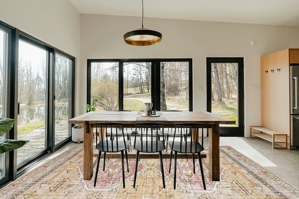 Dining table rug ideas in Scandinavian Dining Room with Rectangular Table