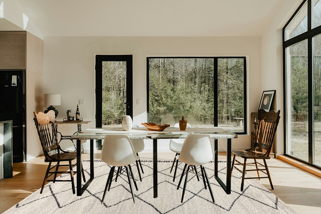 Dining table rug ideas in Modern Scandinavian Dining Room with Black Accents