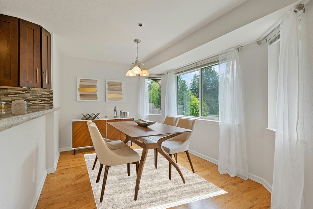 Dining room rug ideas in Modern White Dining Room with Wooden Accents