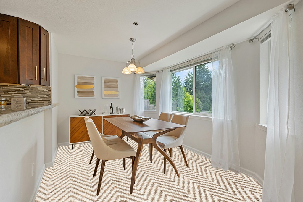 Dining room rug ideas in Modern White Dining Room with Wooden Accents