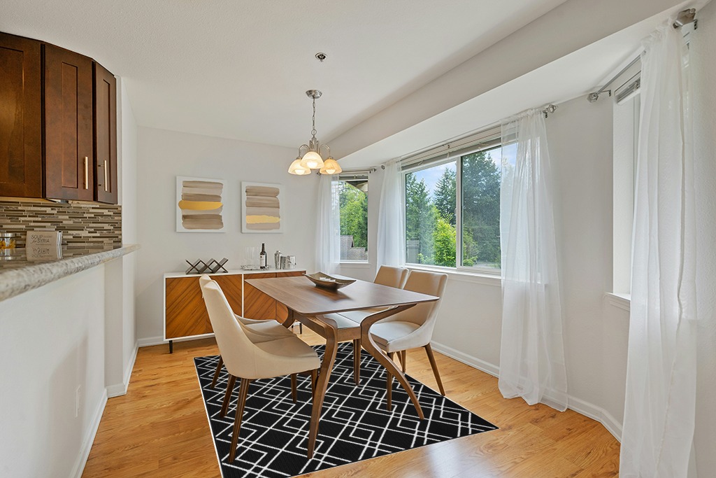 Dining table rug ideas in Modern White Dining Room with Wooden Accents