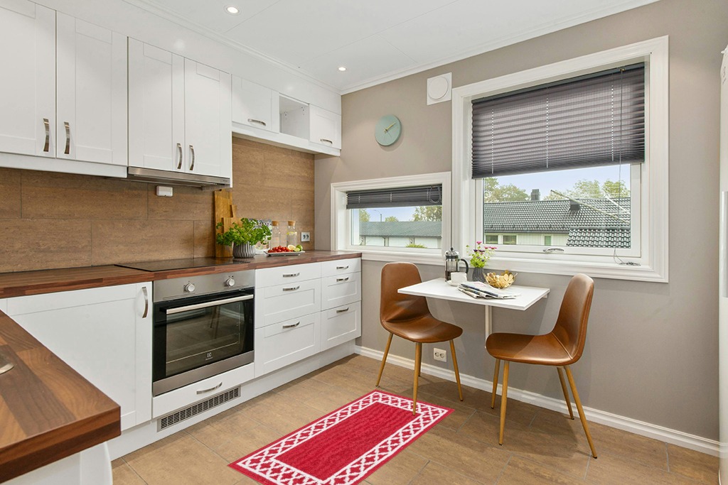 Round kitchen rug ideas in Wood and White Small Kitchen