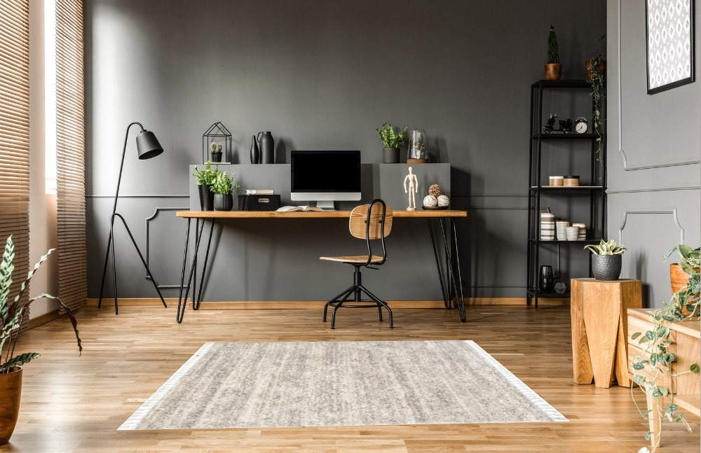 Office rug ideas in Grey Home office with Wooden Floor