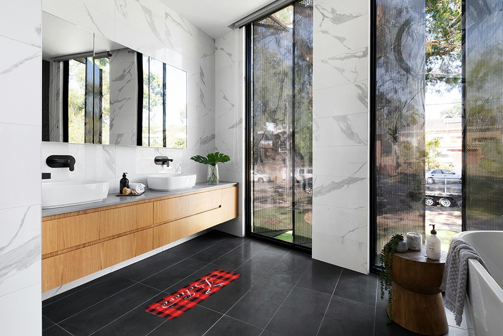 Rug ideas in Modern Black Tiled bathroom