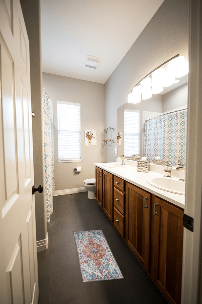 Small bathroom rug ideas in Wooden and Grey Bathroom