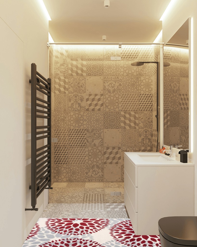 Bathroom runner rug ideas in White Tiled Bathroom