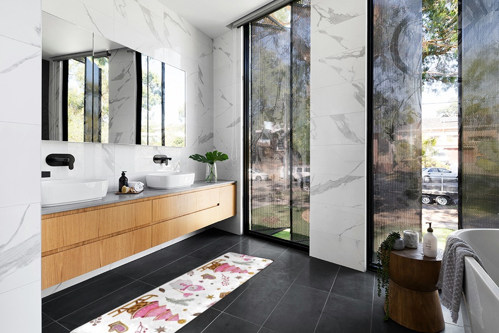 Christmas rug ideas in Modern Black Tiled bathroom