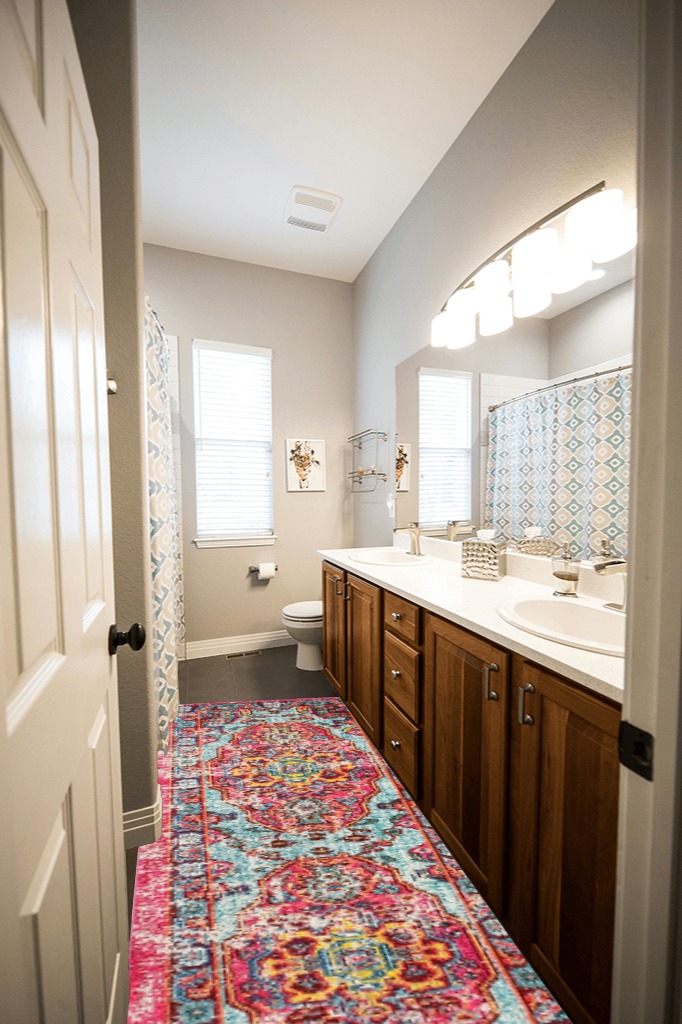 Bathroom rug ideas purple in Wooden and Grey Bathroom