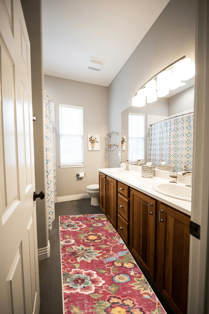 Bathroom rug ideas pink in Wooden and Grey Bathroom