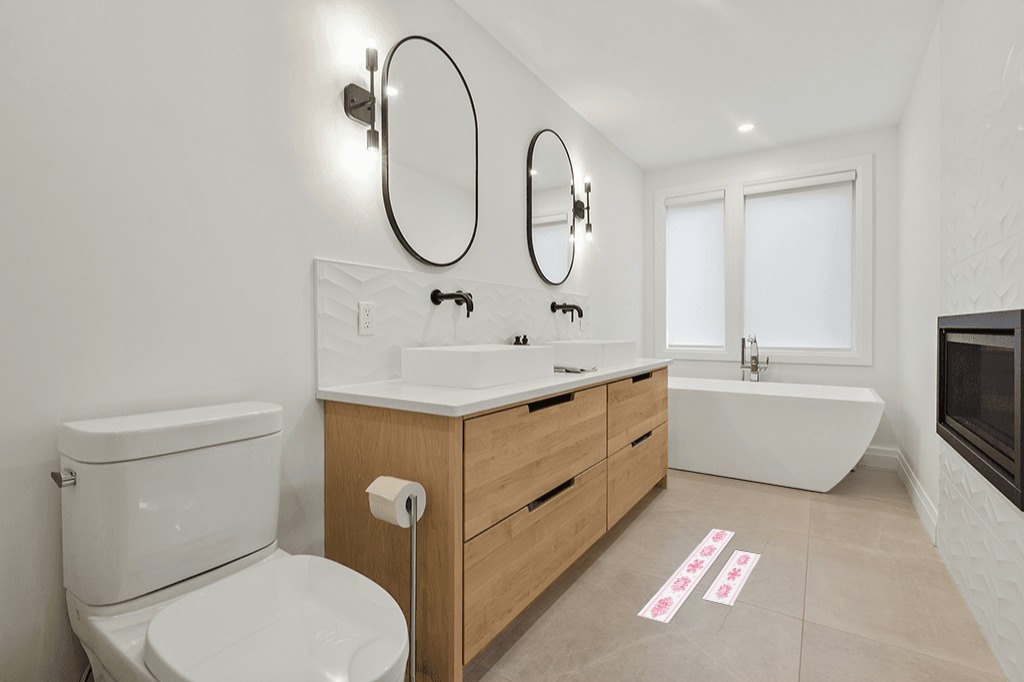 Bathroom rug ideas white in Scandinavian Neutral bathroom
