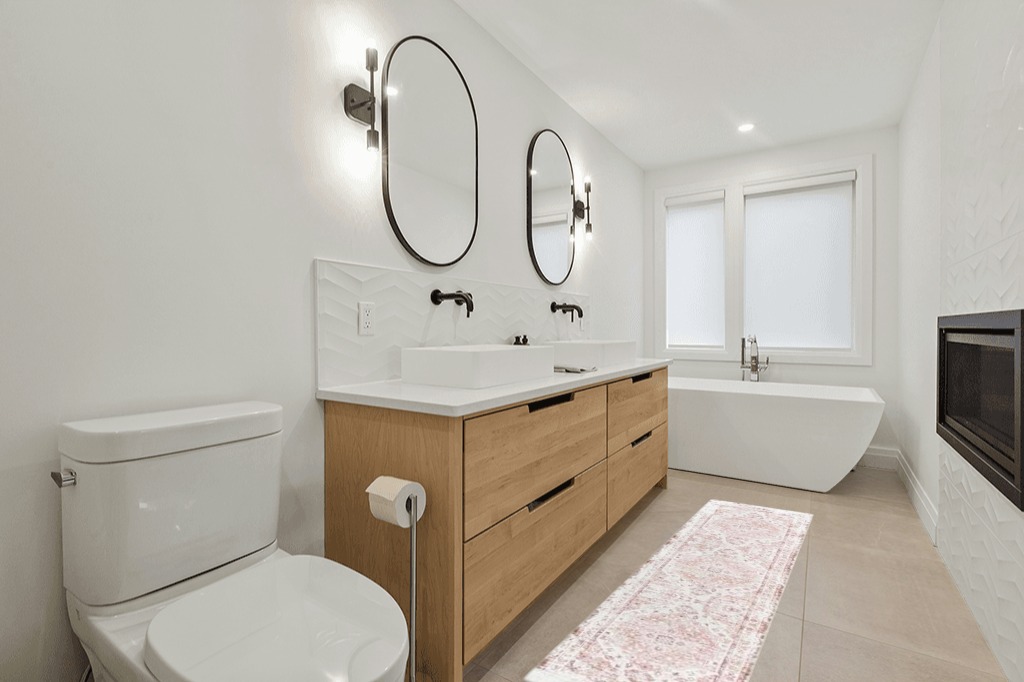 Bathroom rug ideas pink in Scandinavian Neutral bathroom