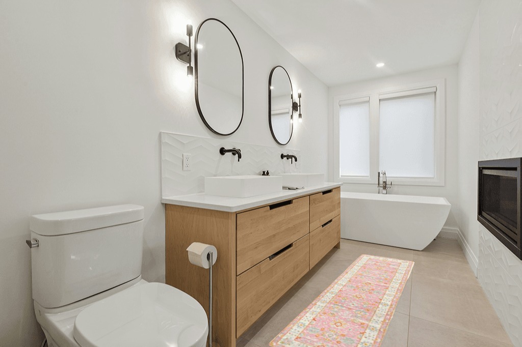 Bathroom rug ideas pink in Scandinavian Neutral bathroom