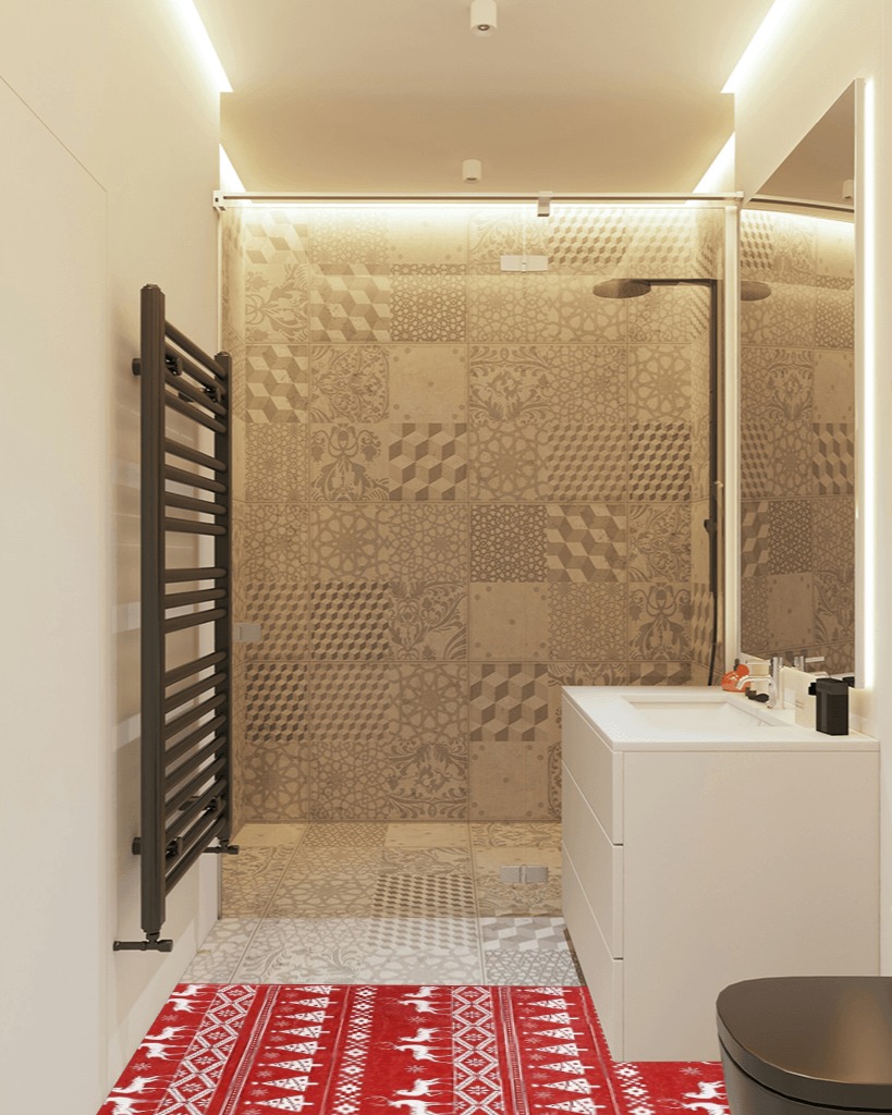 Bathroom runner rug ideas in White Tiled Bathroom
