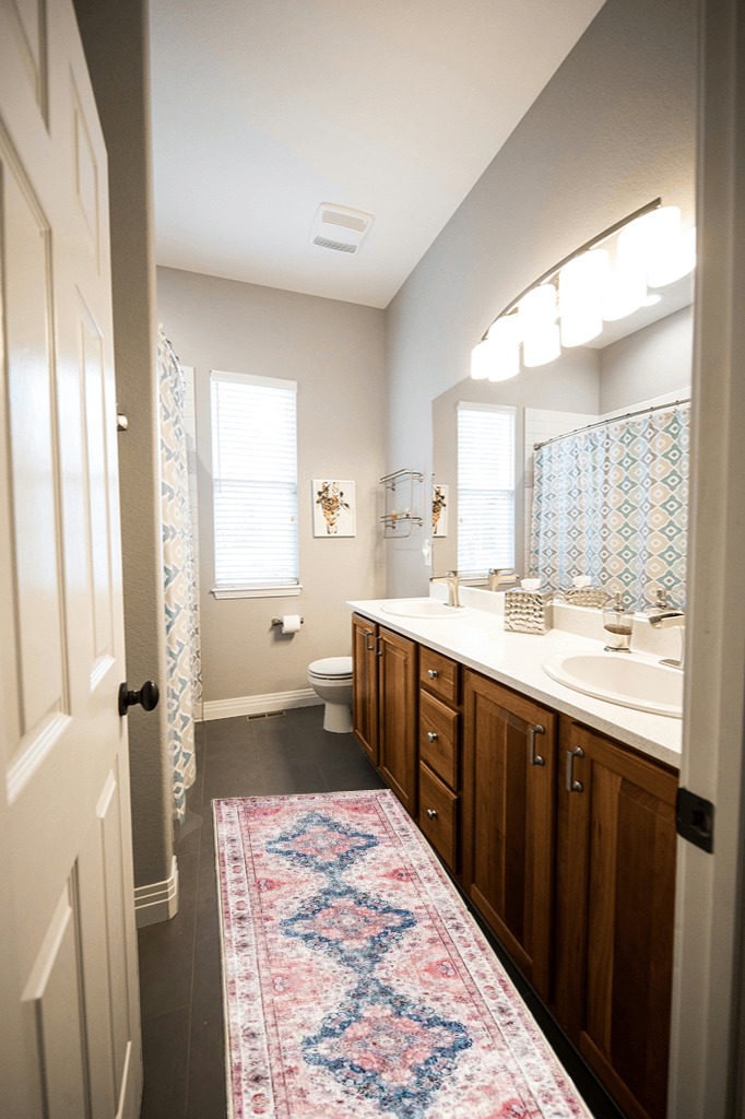 Bathroom runner rug ideas in Wooden and Grey Bathroom