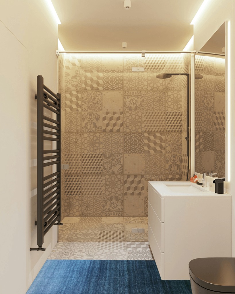 Bathroom runner rug ideas in White Tiled Bathroom