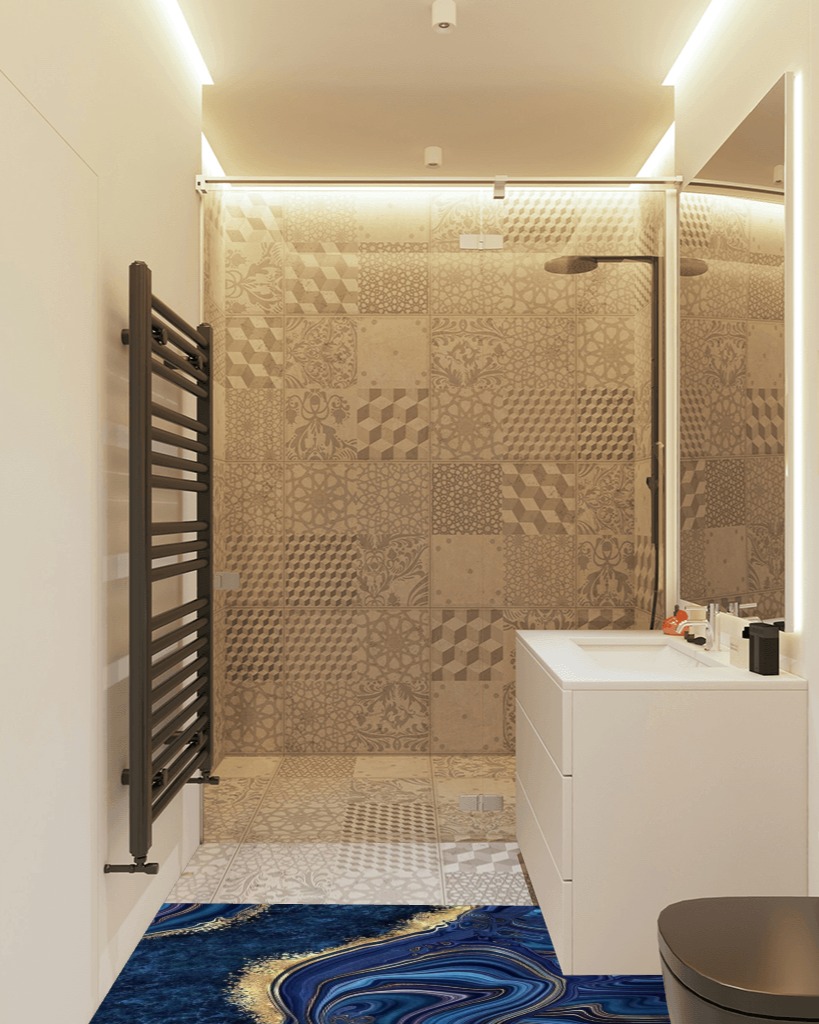 Blue rug ideas in White Tiled Bathroom