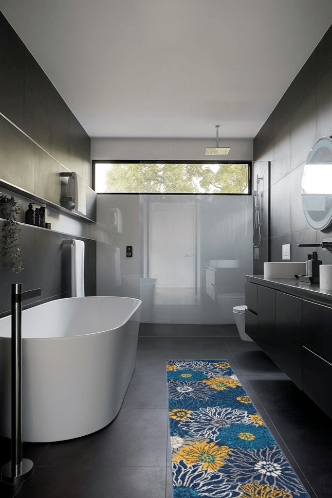 Farmhouse rug ideas in Black Modern Bathroom