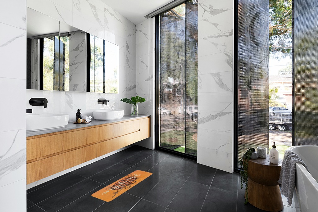 Are black rugs a bad idea in Modern Black Tiled bathroom