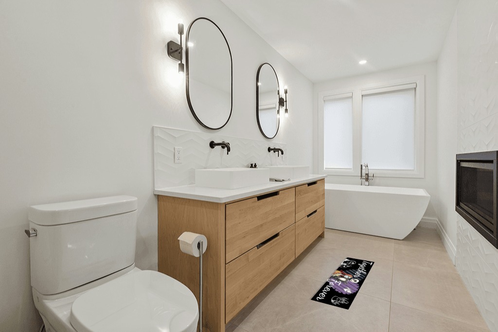 Are black rugs a bad idea in Scandinavian Neutral bathroom