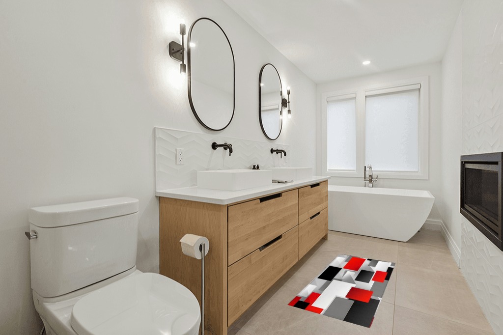 Are black rugs a bad idea in Scandinavian Neutral bathroom