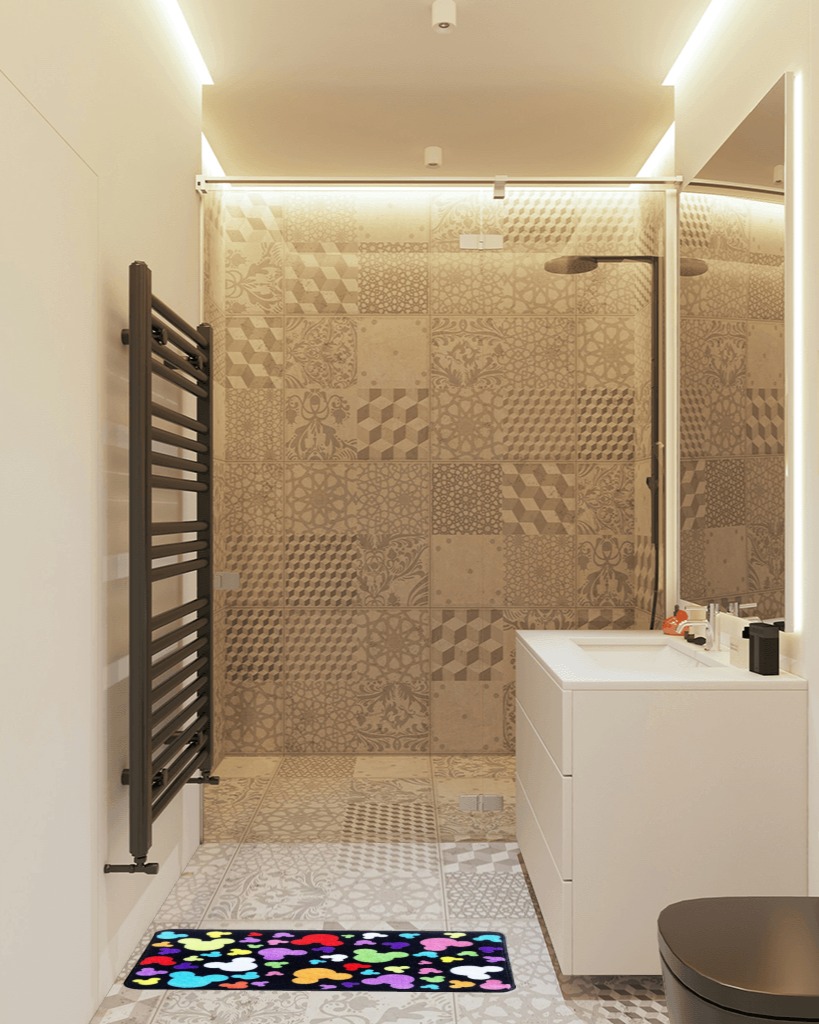 Small bathroom rug ideas in White Tiled Bathroom