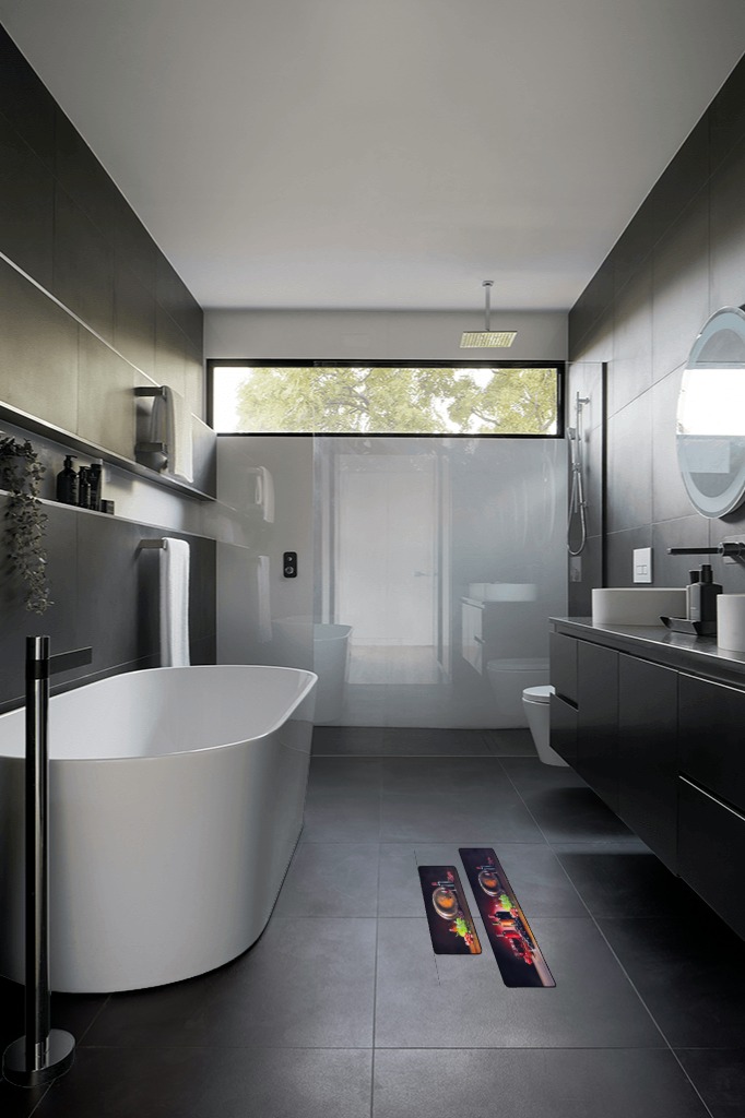 Are black rugs a bad idea in Black Modern Bathroom