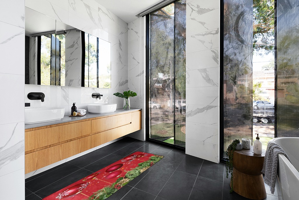 Bathroom runner rug ideas in Modern Black Tiled bathroom