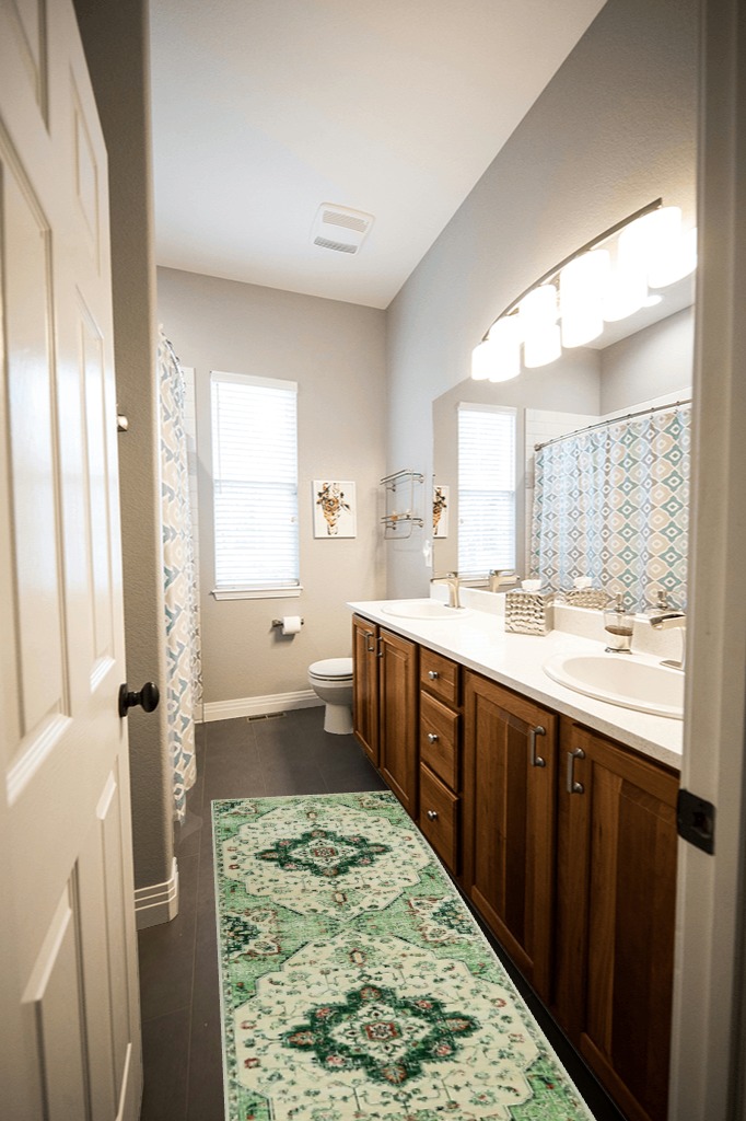 Small bathroom rug ideas in Wooden and Grey Bathroom