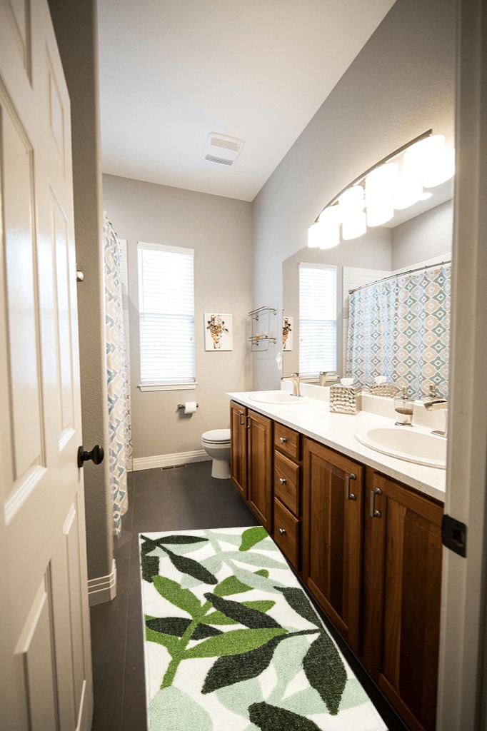 Small bathroom rug ideas in Wooden and Grey Bathroom