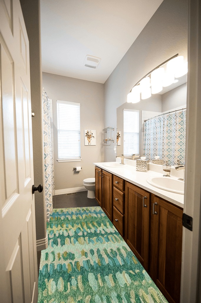 Bathroom rug ideas teal in Wooden and Grey Bathroom