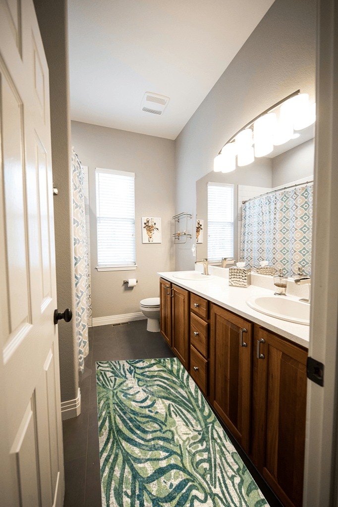 Bathroom rug ideas teal in Wooden and Grey Bathroom