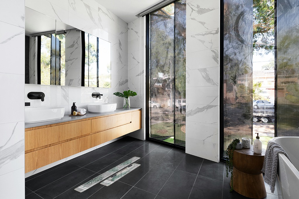 Bathroom rug ideas teal in Modern Black Tiled bathroom