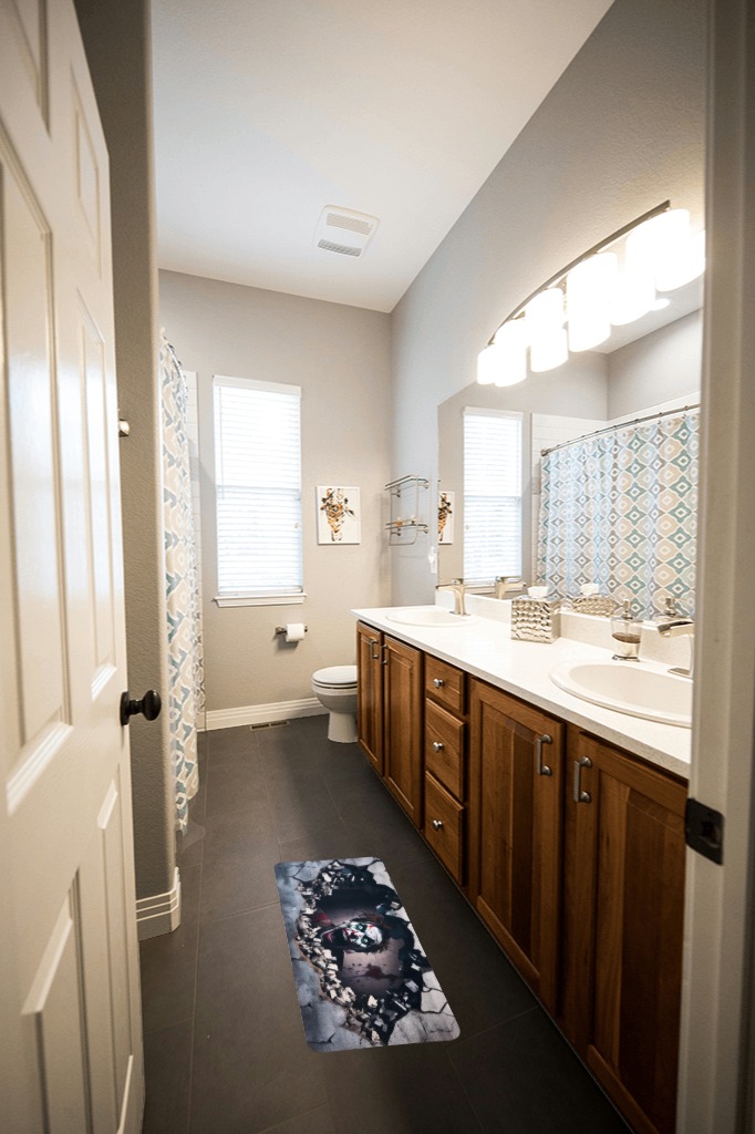 Are black rugs a bad idea in Wooden and Grey Bathroom