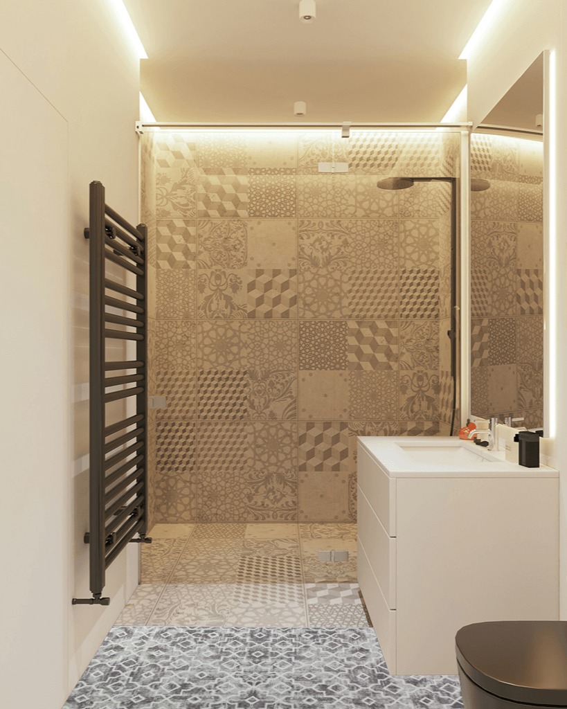 Wonnitar Doorway (small rugs) and 6ft Runner, Grey Rug in Modern Black Tiled bathroom
