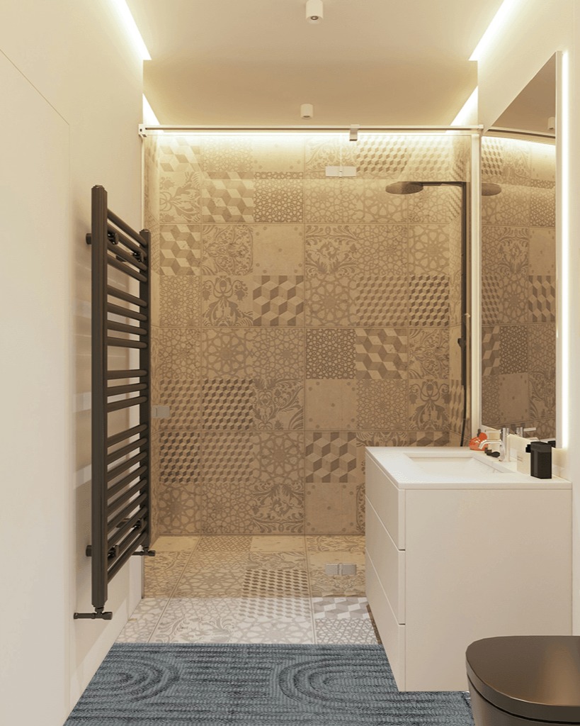 Bathroom rug ideas grey in White Tiled Bathroom