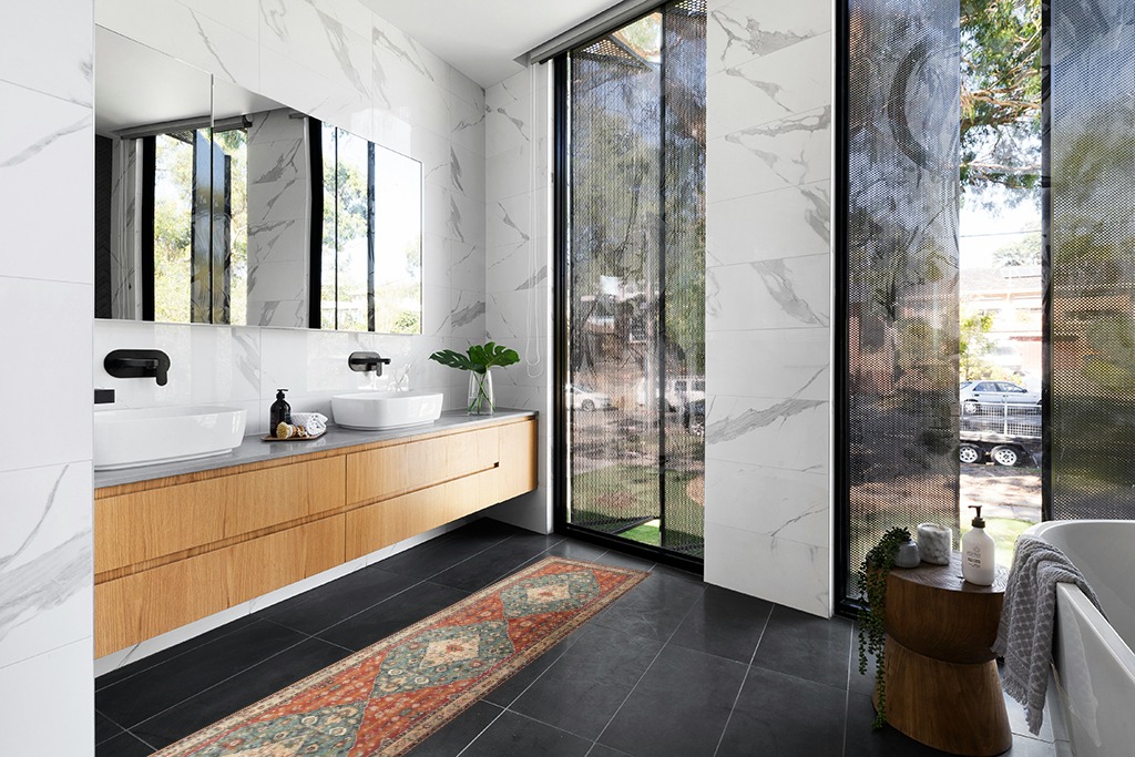 Bathroom runner rug ideas in Modern Black Tiled bathroom
